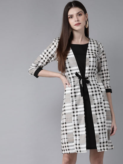 Women's  White & Black Checked Layered A-Line Dress