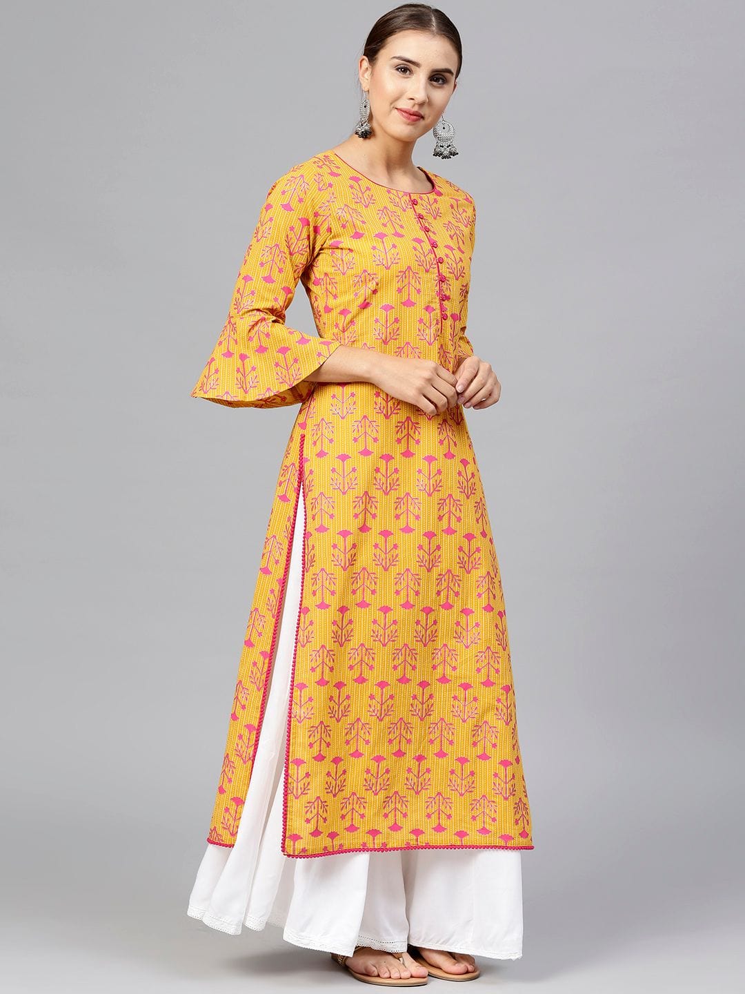 Women's Mustard Yellow & Magenta Printed Straight Kurta