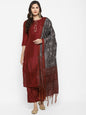 Women's Maroon Color Silk Blend Straight Kurta Palazzo With Dupatta