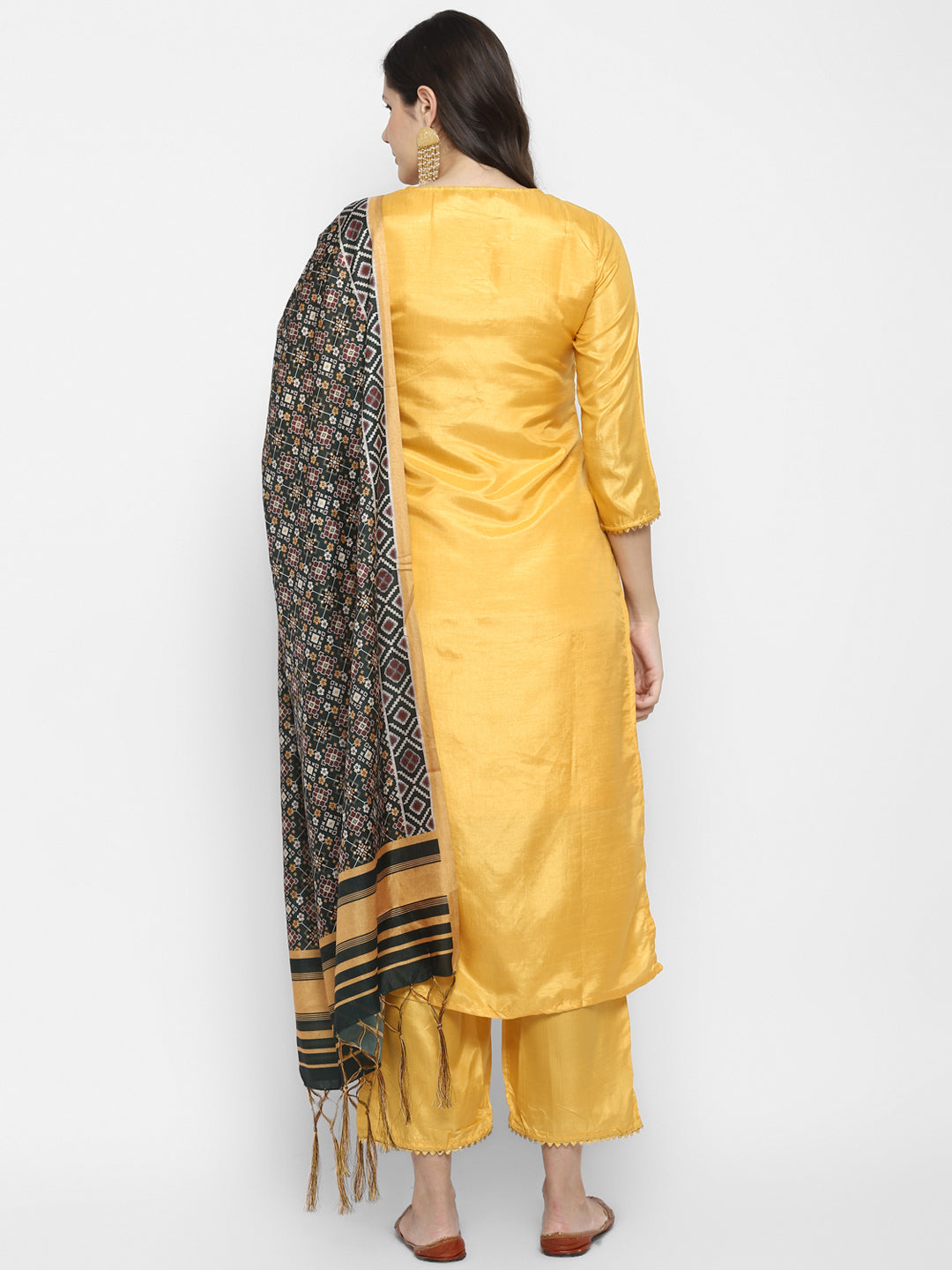 Women's Yellow Color Silk Blend Straight Kurta Palazzo With Dupatta