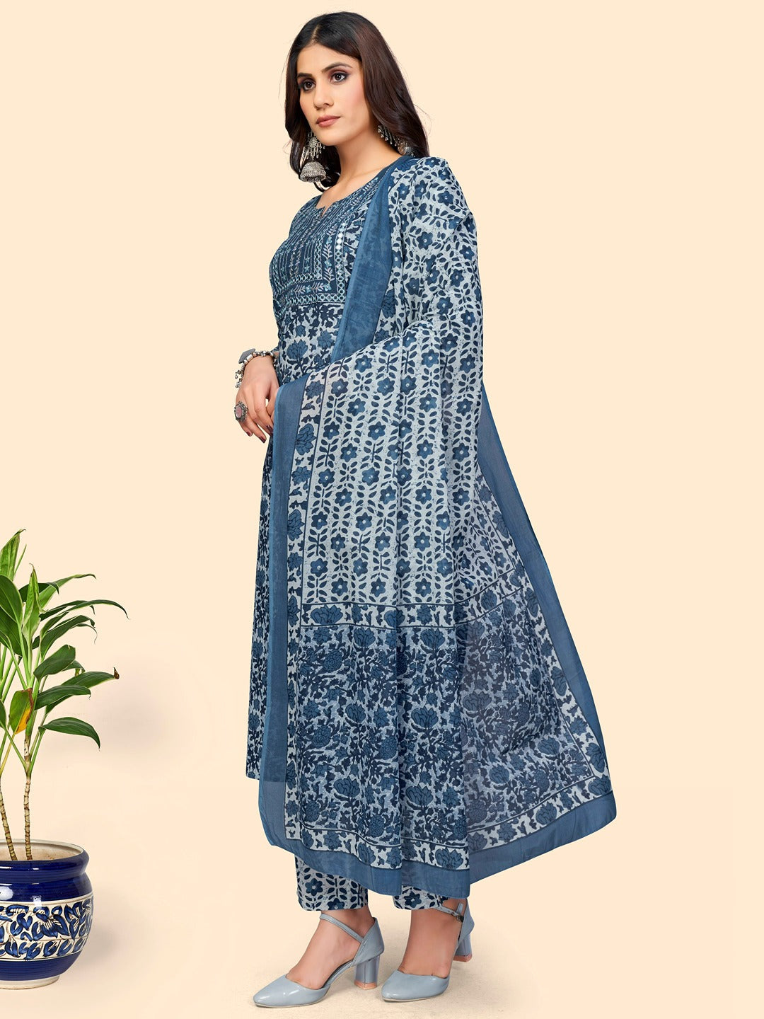 Women's Print & Embroidered Straight Cotton Blue Stitched Kurta Pant With Dupatta