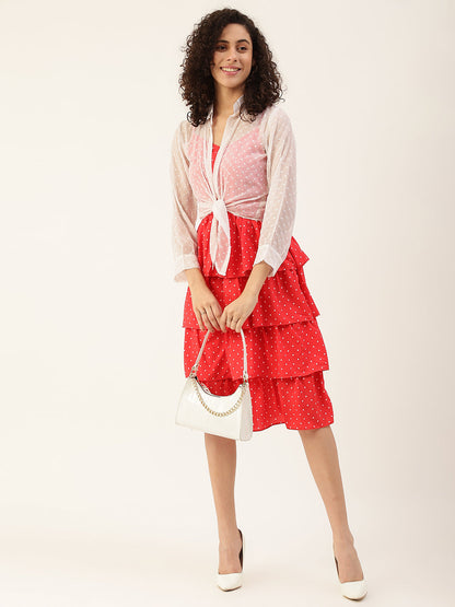 Women's Red Color Chiffon Self Design A-Line Layered Dress