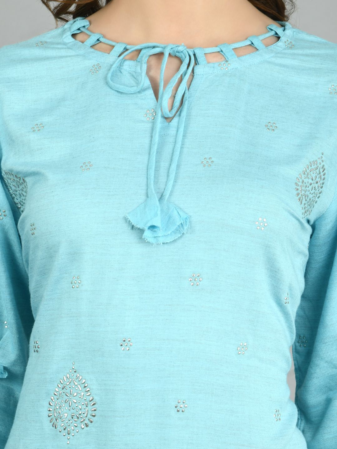 Women's Sky Blue Cotton Printed 3/4 Sleeve Round Neck Casual Kurta Dupatta  Set