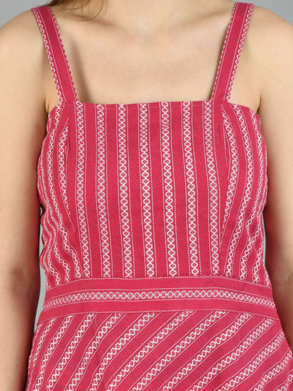 Women's Pink Cotton Printed Sleeveless Off Shoulder Casual Dress