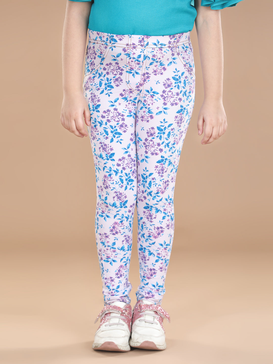 Girl's  Cotton Floral Printed Jegging And Black Top Set - S