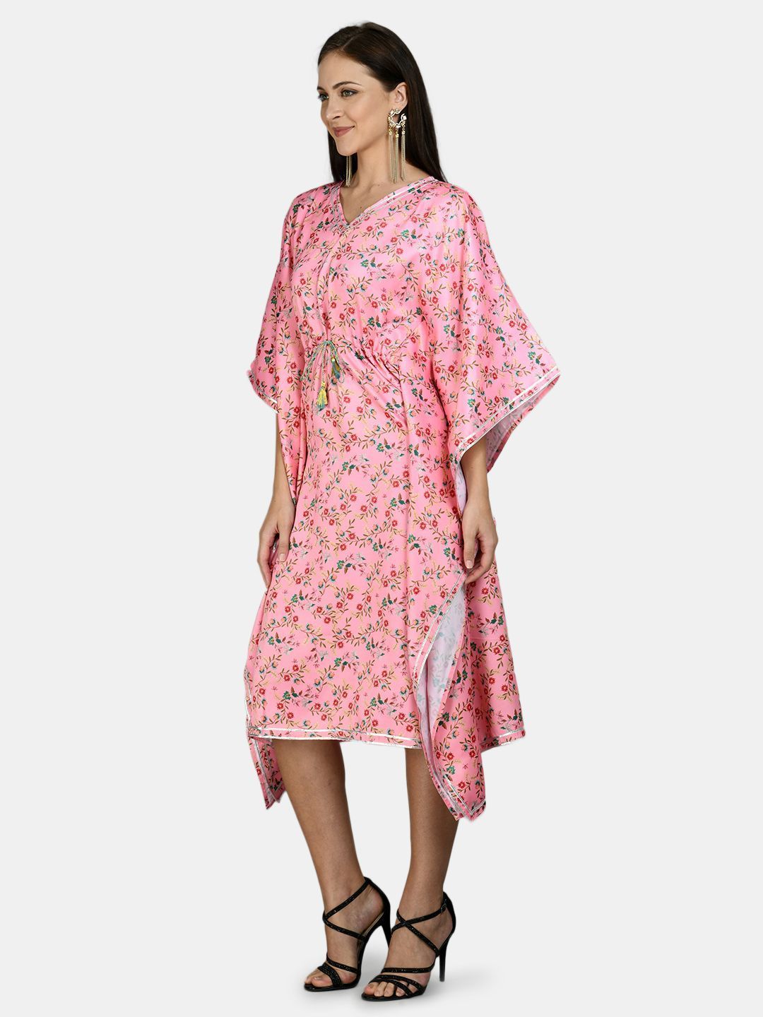 Women's Pink Polyester Printed Full Sleeve V Neck Casual kaftaan