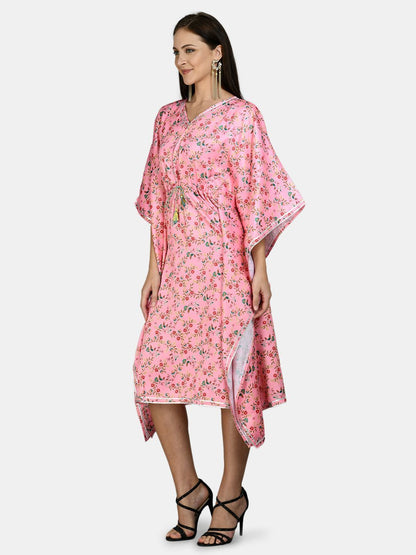 Women's Pink Polyester Printed Full Sleeve V Neck Casual kaftaan