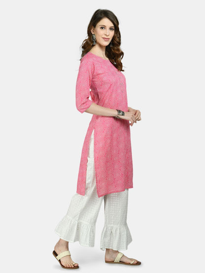 Women's Pink Cotton Printed 3/4 Sleeve Round Neck Casual Kurta Palazzo Set