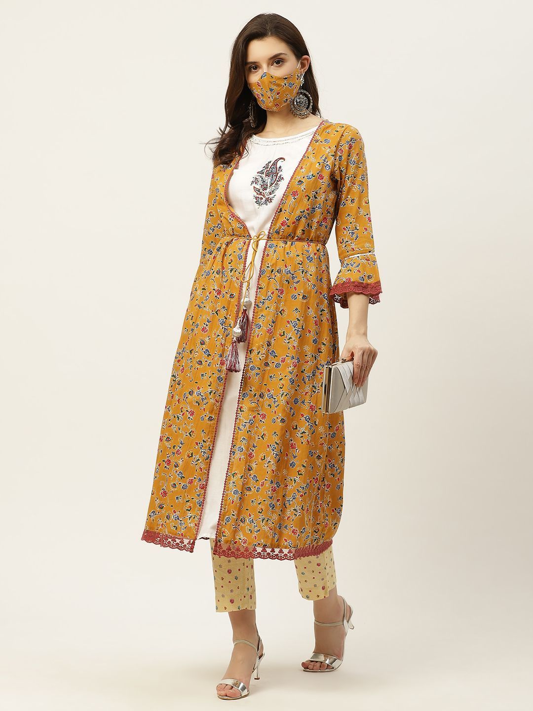 Women's Kurta Pant Set with Printed Jacket