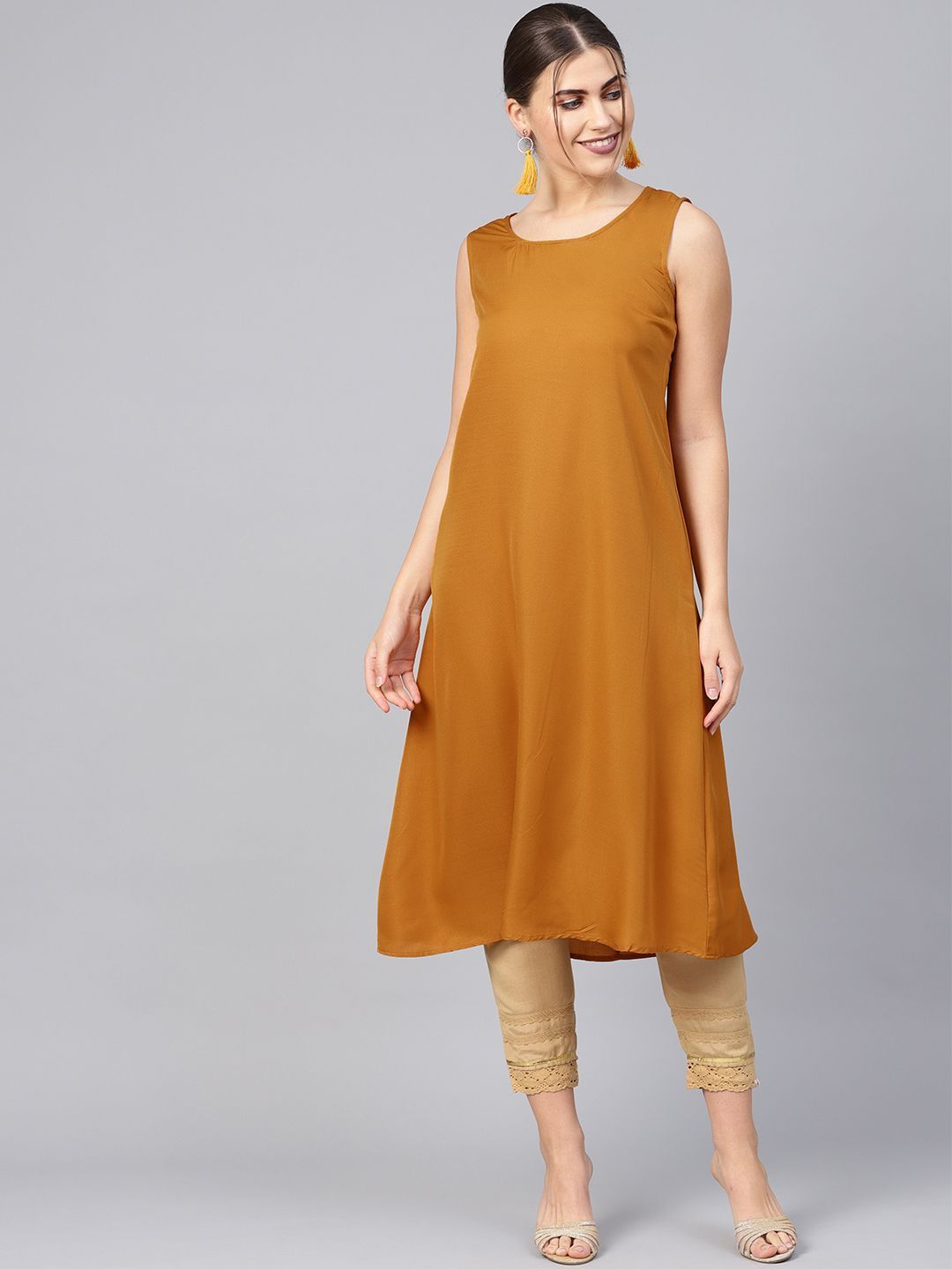 Women's Mustard Chanderi Printed Layered Kurta