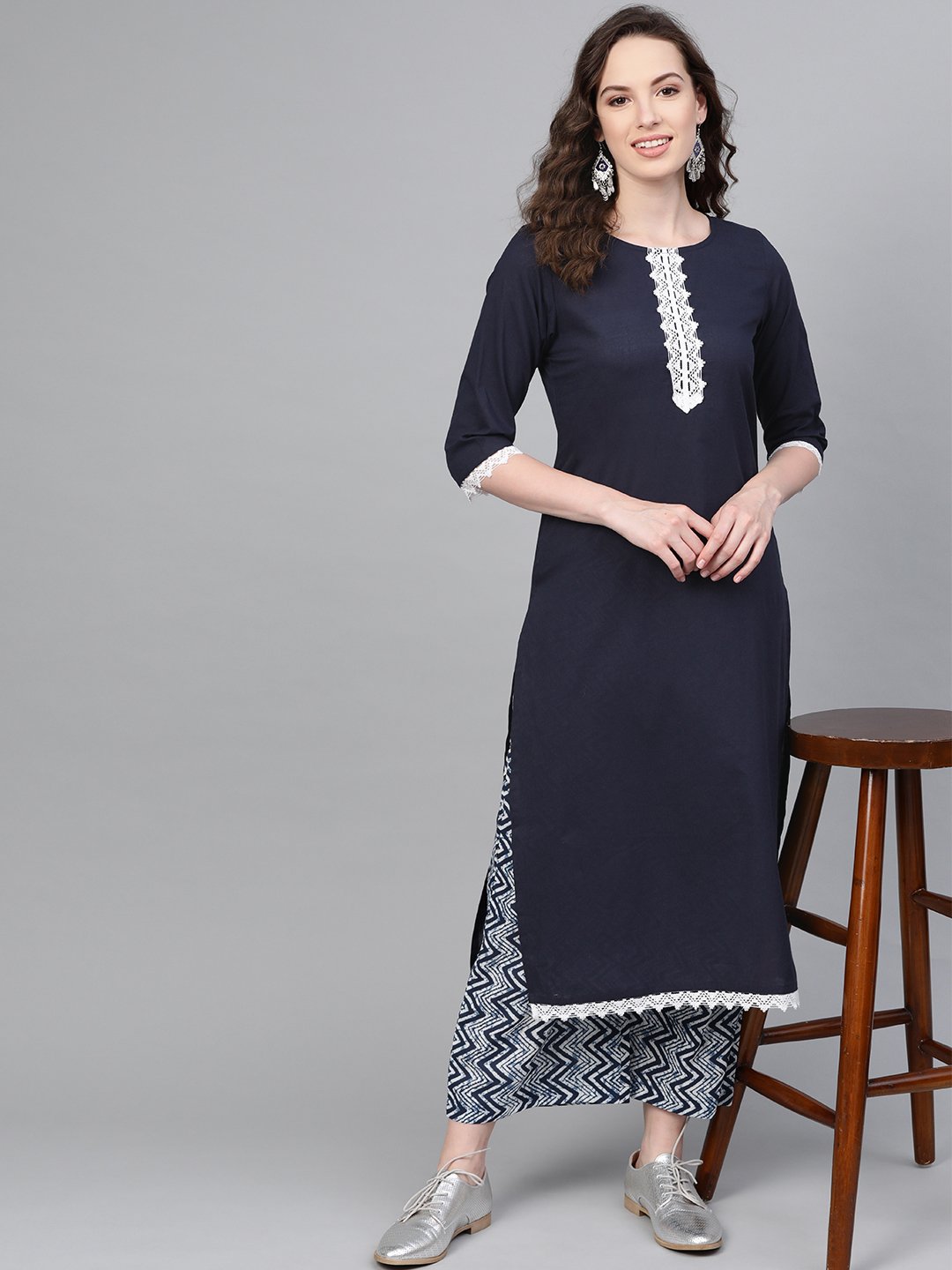 Women's Navy Cotton Solid Full Sleeve Round Neck Casual Kurta Palazzo Set