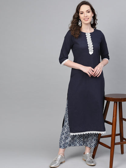 Women's Navy Cotton Solid Full Sleeve Round Neck Casual Kurta Palazzo Set