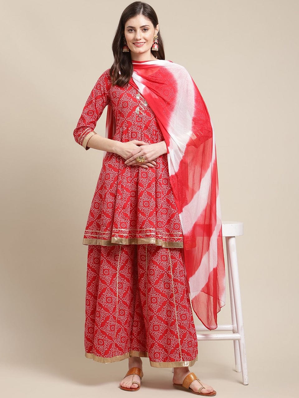 Women's Red Ethnic Motifs Printed Gotta Patti Kurta with Sharara & With Dupatta