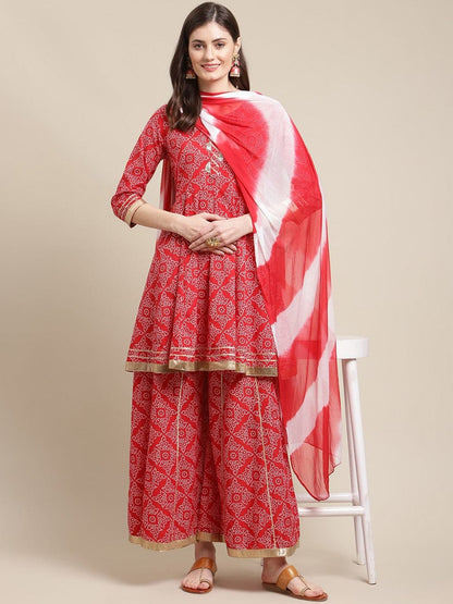 Women's Red Ethnic Motifs Printed Gotta Patti Kurta with Sharara & With Dupatta