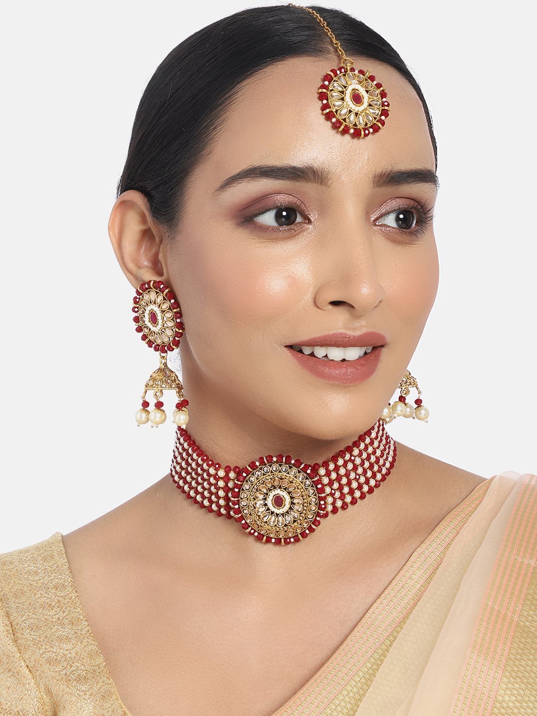 Women's Gold Plated Maroon Onyx Crystal Beads with Peal Kundan Choker Necklace Set