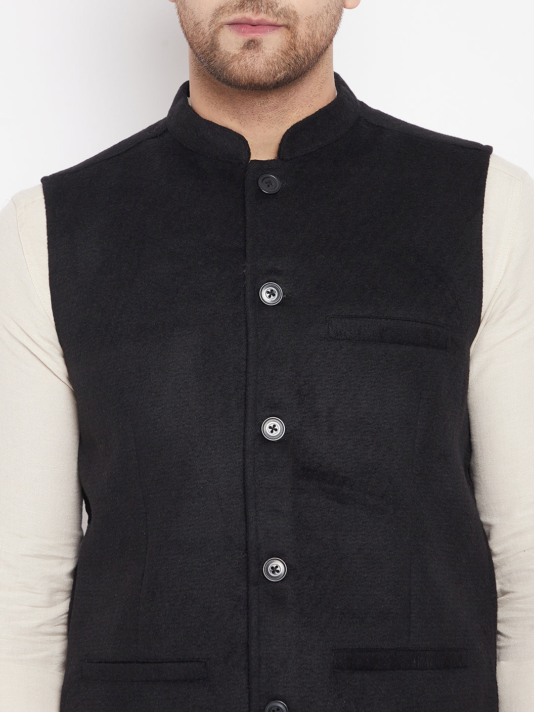 Men's Black Color Woven Nehru Jacket