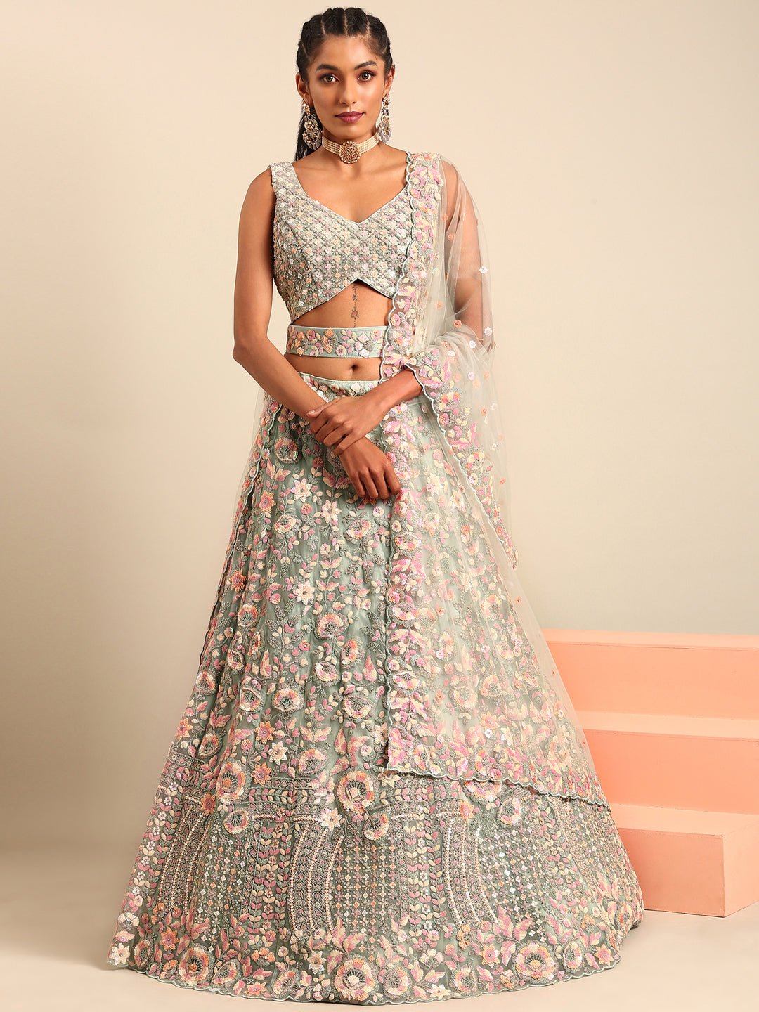 Women 's Sea green Net Multi Sequins with heavy Zarkan embroidery Ready to Wear Lehenga choli & Dupatta