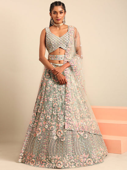 Women 's Sea green Net Multi Sequins with heavy Zarkan embroidery Ready to Wear Lehenga choli & Dupatta