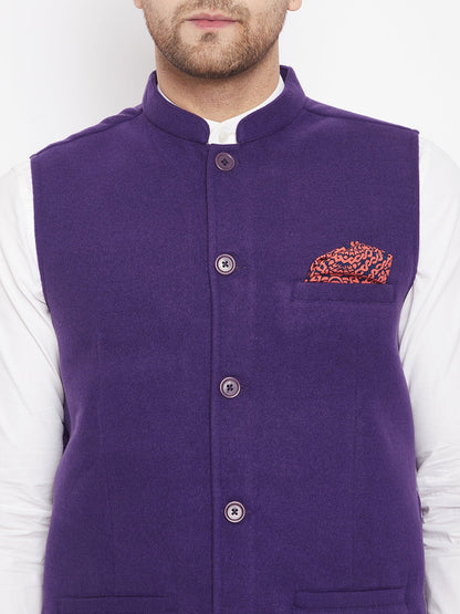 Men's Purple Color Nehru Jacket-Contrast Lining-Inbuilt Pocket Square