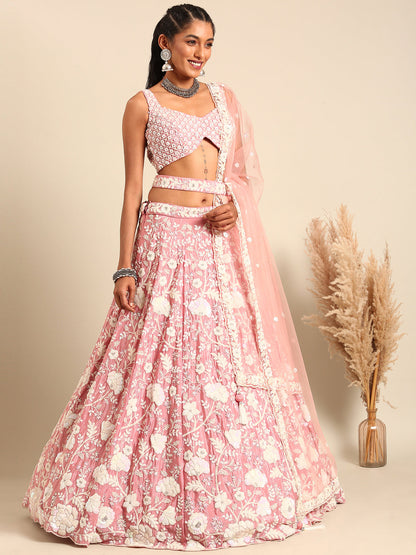 Women's Rose Gold Chinon Sequins And Zarkan Embroidery Lehenga Choli & Dupatta
