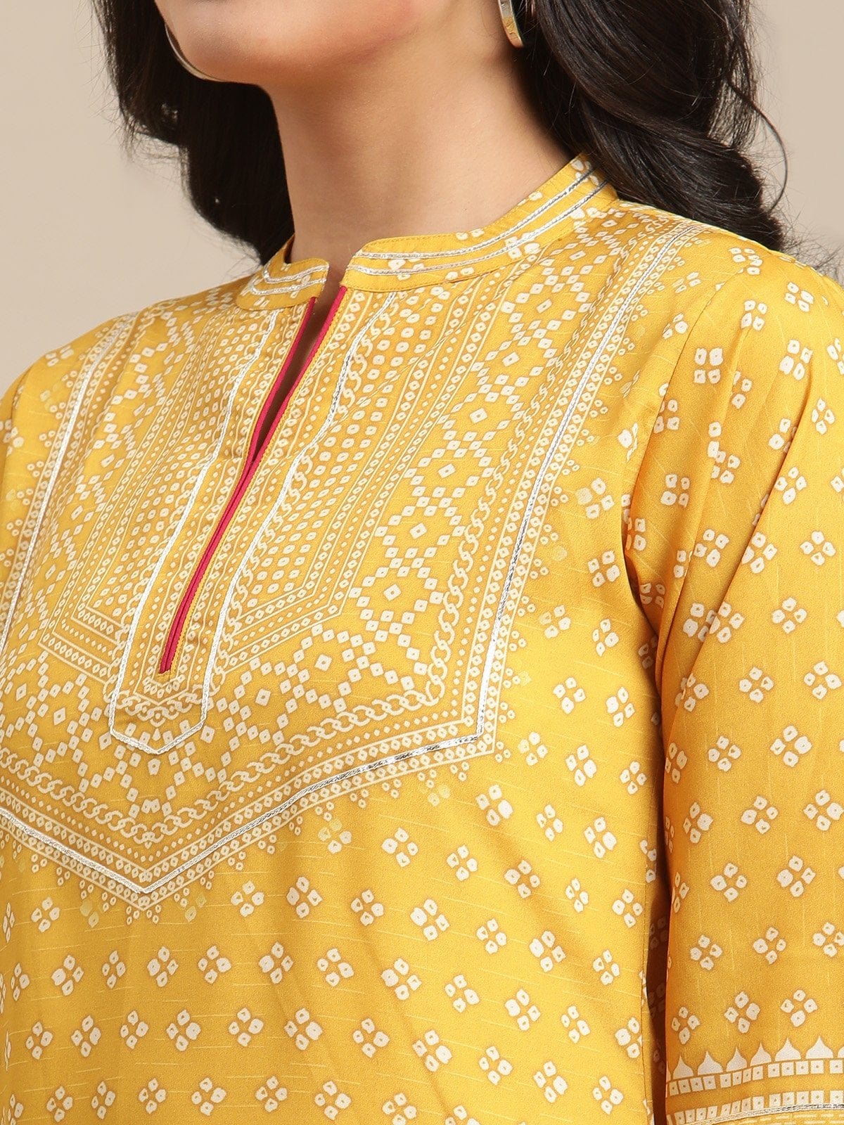 Women's Mustard Bandhej Printed Kurta With Pink Cord Pipen Detailing