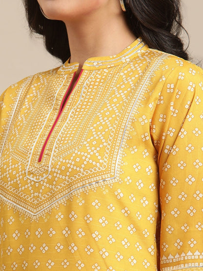 Women's Mustard Bandhej Printed Kurta With Pink Cord Pipen Detailing