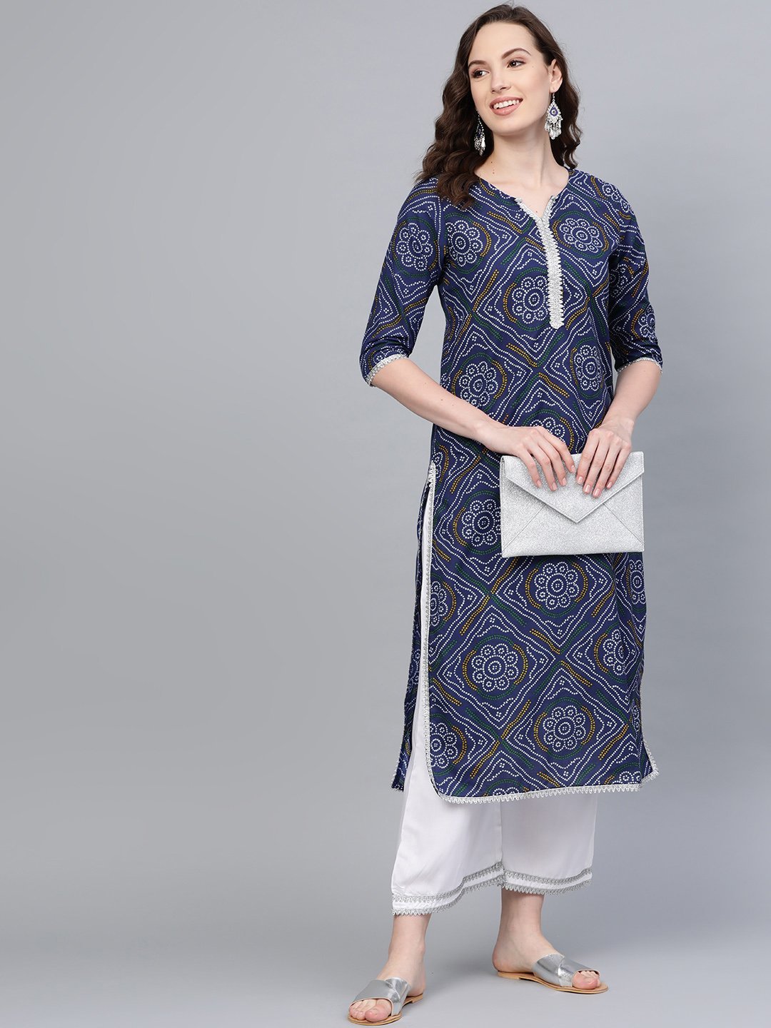 Women Blue Cotton Printed Kurta Palazzo Set by Myshka (