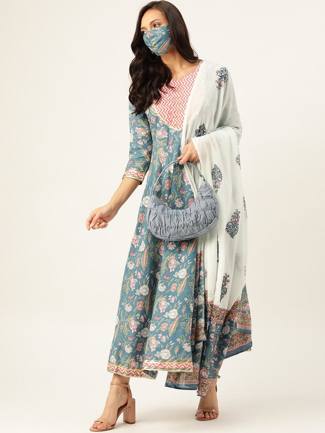 Women's Blue Cotton Gotta Work Anarkali With Dupatta