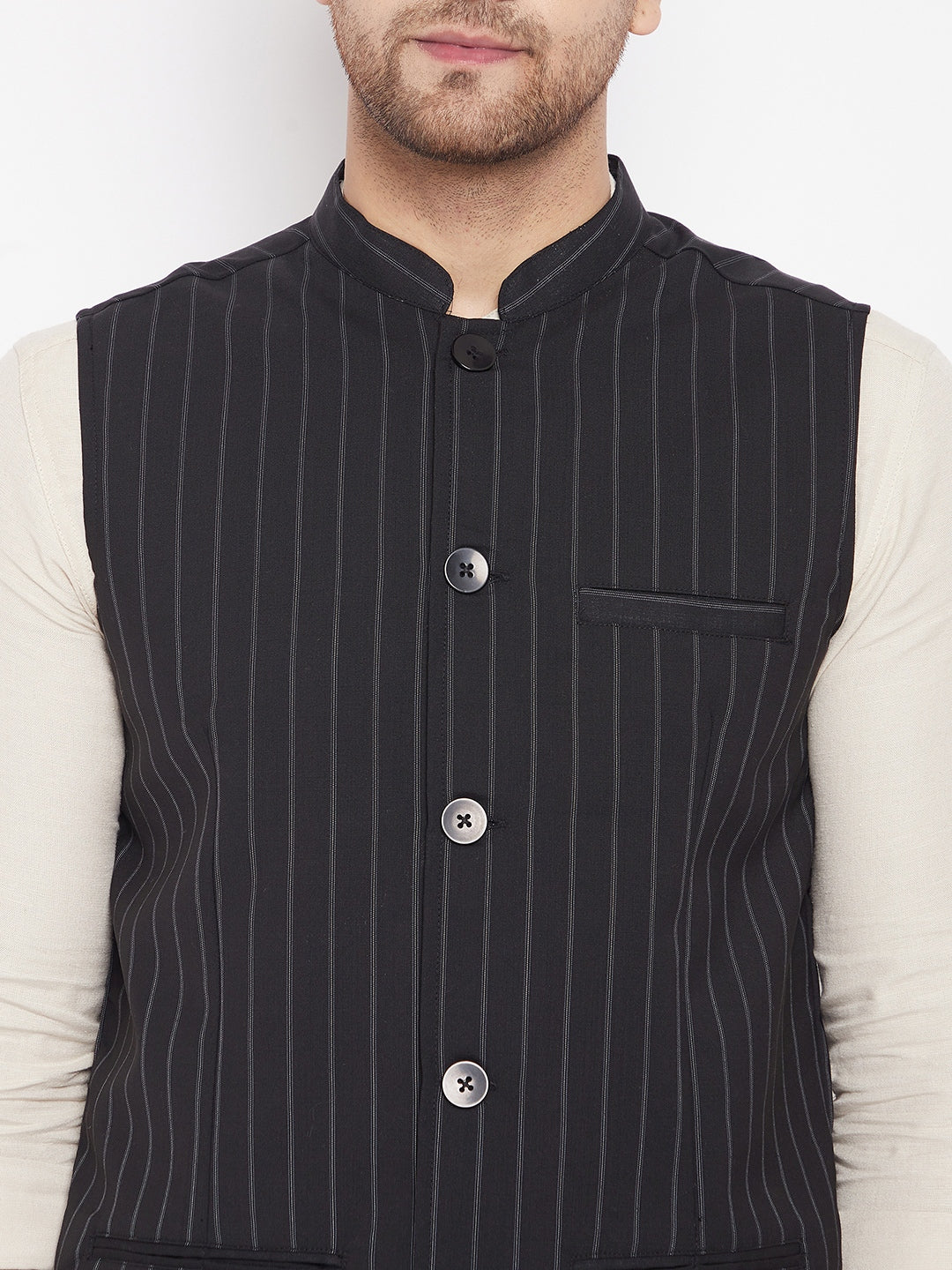 Men's Black Color Woven Nehru Jacket
