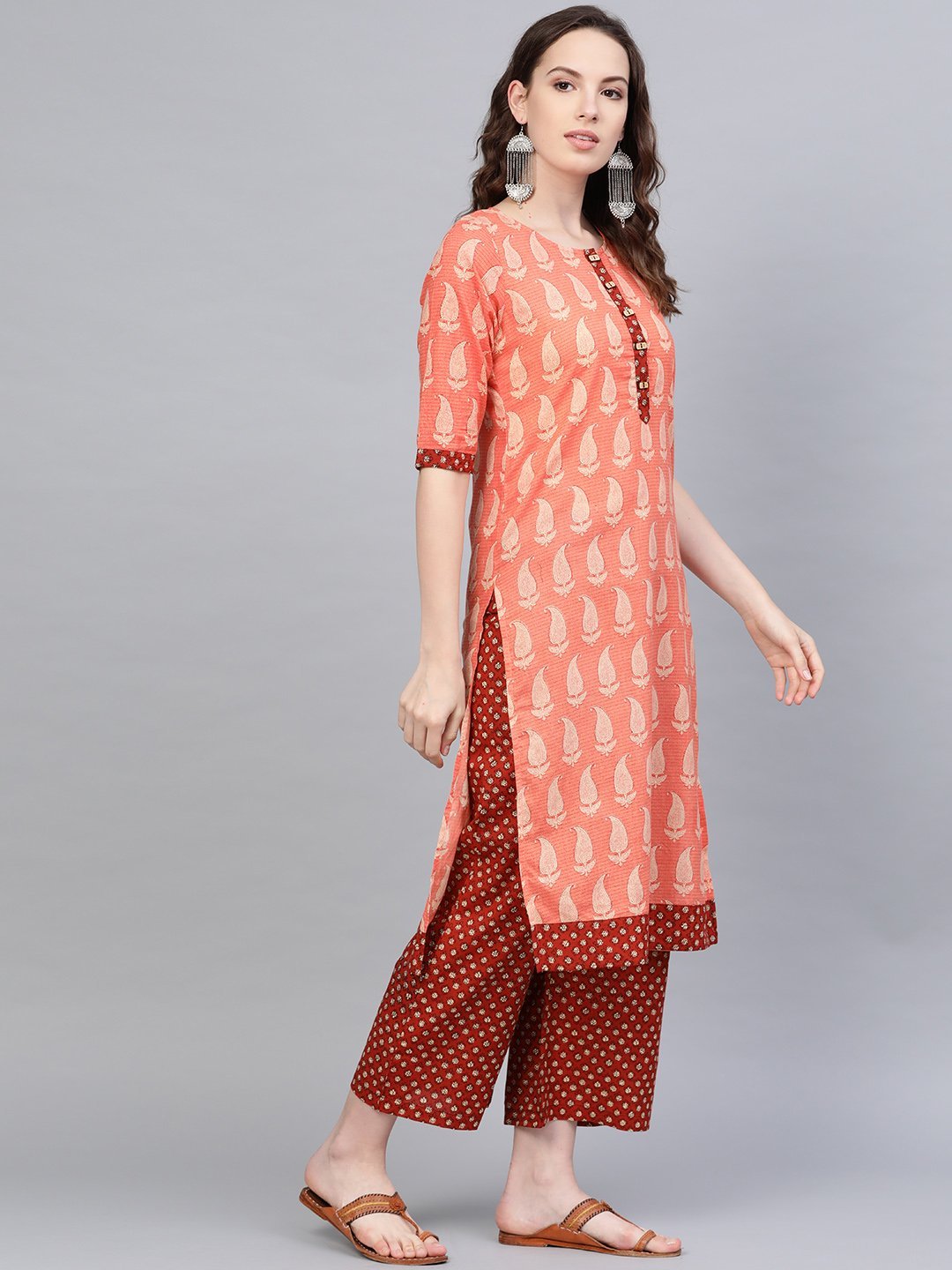 Women's Orange Cotton Printed Half Sleeve Round Neck Casual Kurta Palazzo Set