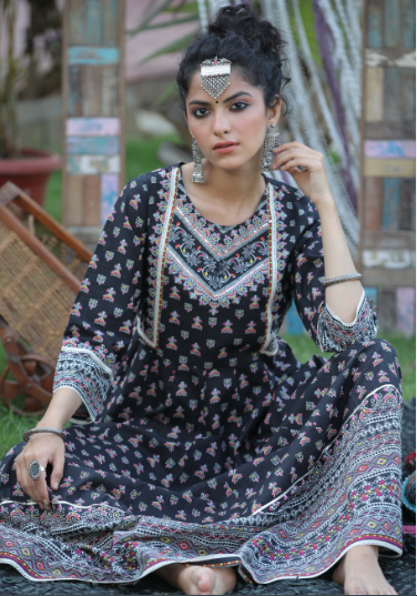 Women's Black Cambric Floral Print Anarkali Kurta Dress With Mask