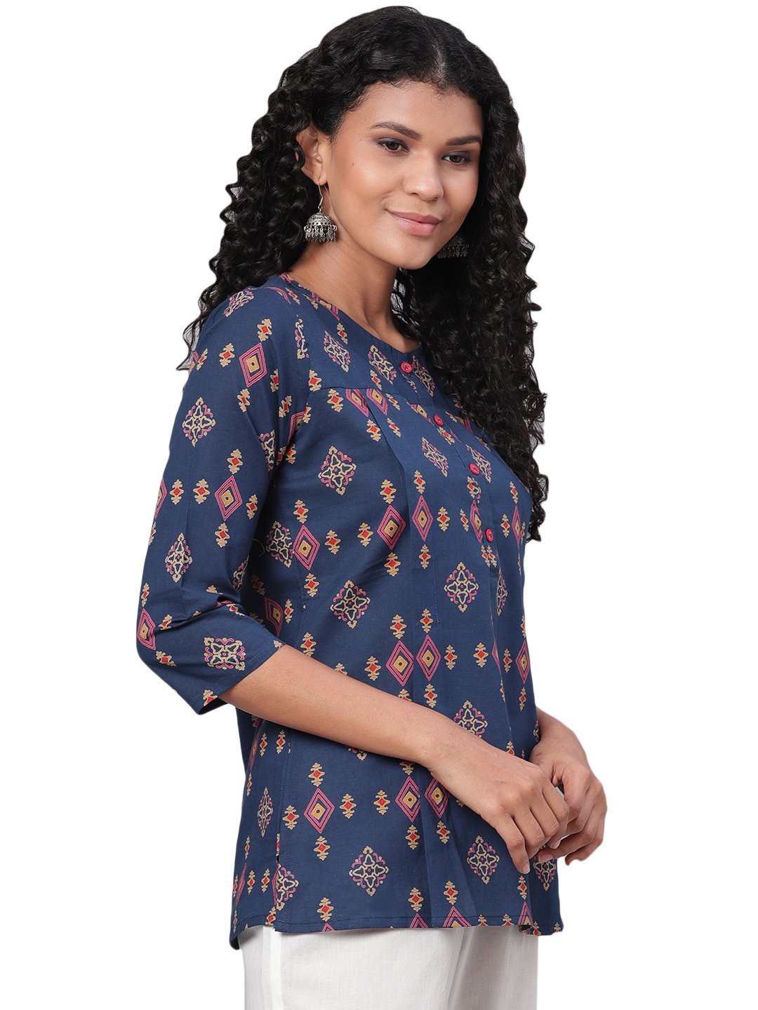 Women Navy Blue Printed Cotton Top by Myshka