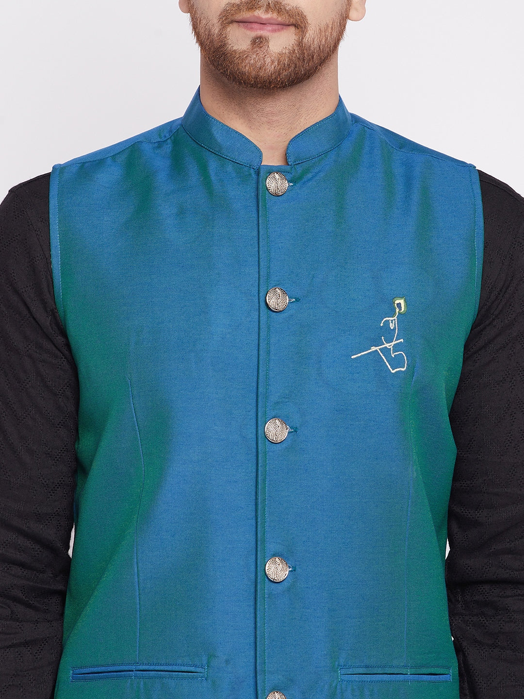 Men's Nehru Jacket With Embroided Insignia Of Lord Krishn