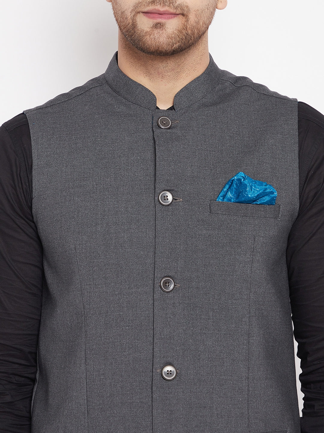 Men's Grey Color Nehru Jacket-Contrast Lining-Free Pocket Square