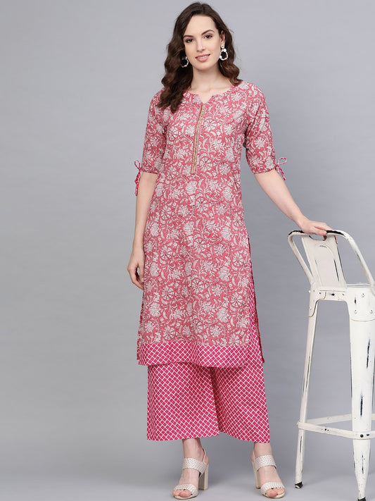 Women's Pink Cotton Printed Half Sleeve Round Neck Casual Kurta Palazzo Set