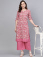 Women's Pink Cotton Printed Half Sleeve Round Neck Casual Kurta Palazzo Set