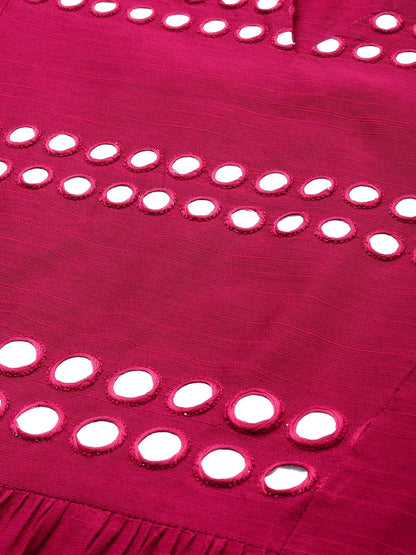 Women's Magenta & Silver-Toned Embellished A-Line Kurta