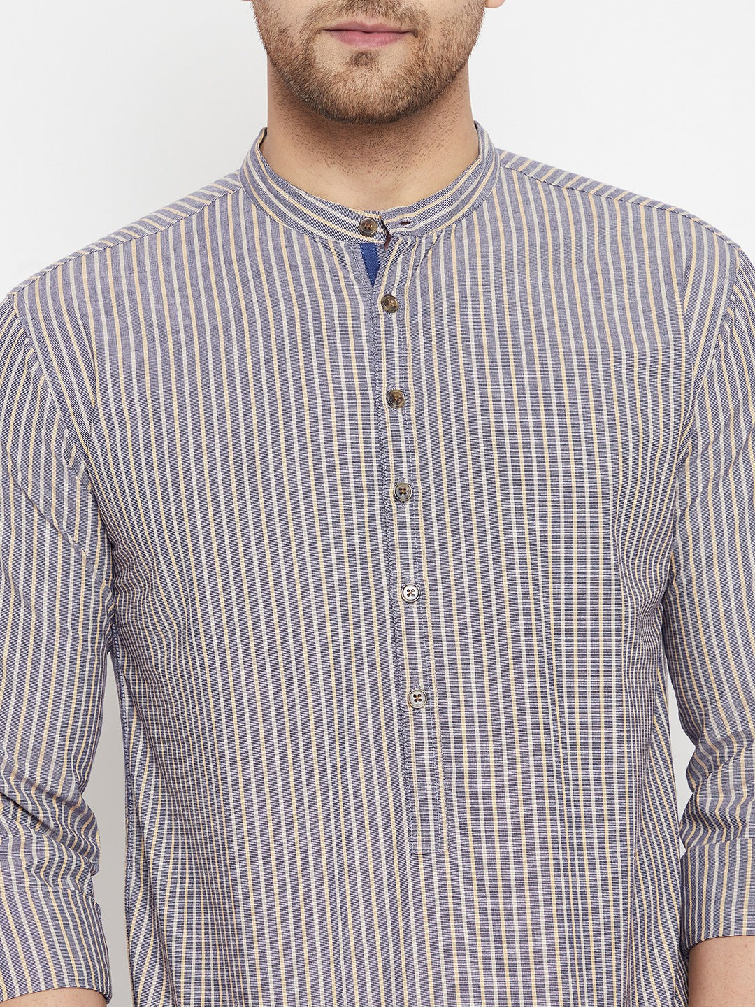 Men's Grey Color Short Kurta with Band Collar