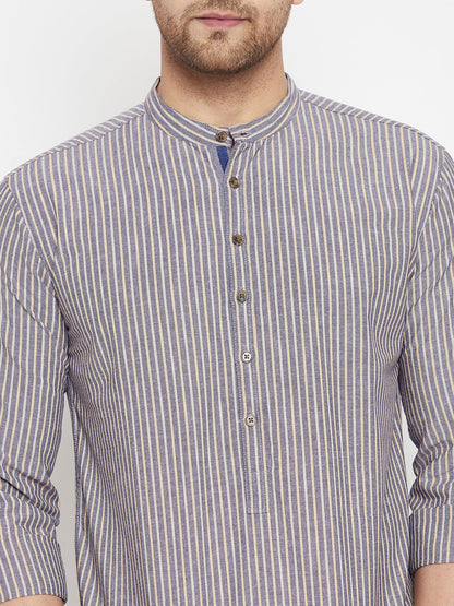 Men's Grey Color Short Kurta with Band Collar