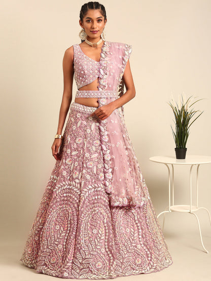 Women 's Mauve Net Multi Sequins with heavy Zarkan embroidery Ready to Wear Lehenga choli & Dupatta