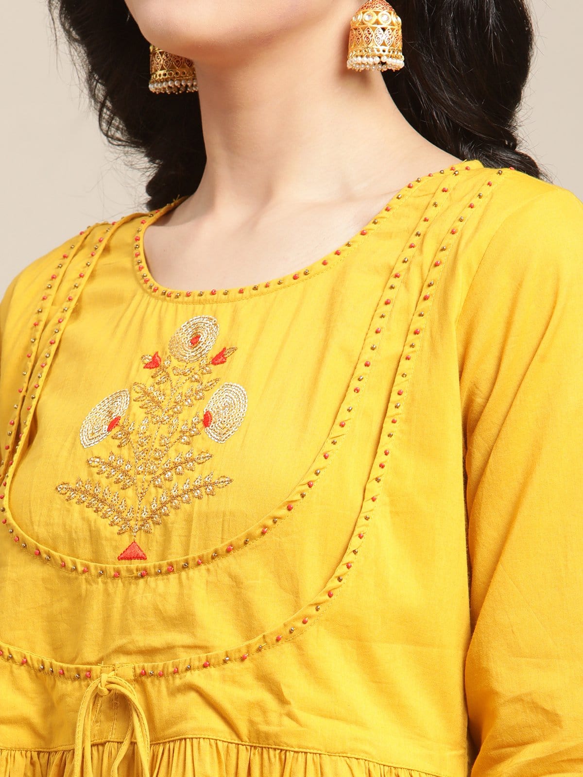 Women's Mustard Sequins Embroidery Anarkali Kurta With Rust And Olive Bandhej Silk Dupatta