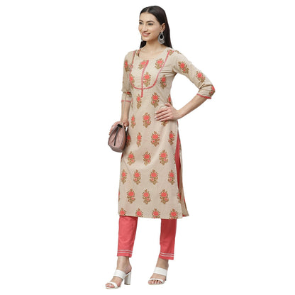 Women's Beige Cotton Printed Printed 3/4 Sleeve Round Neck Casual Kurta Pant Set