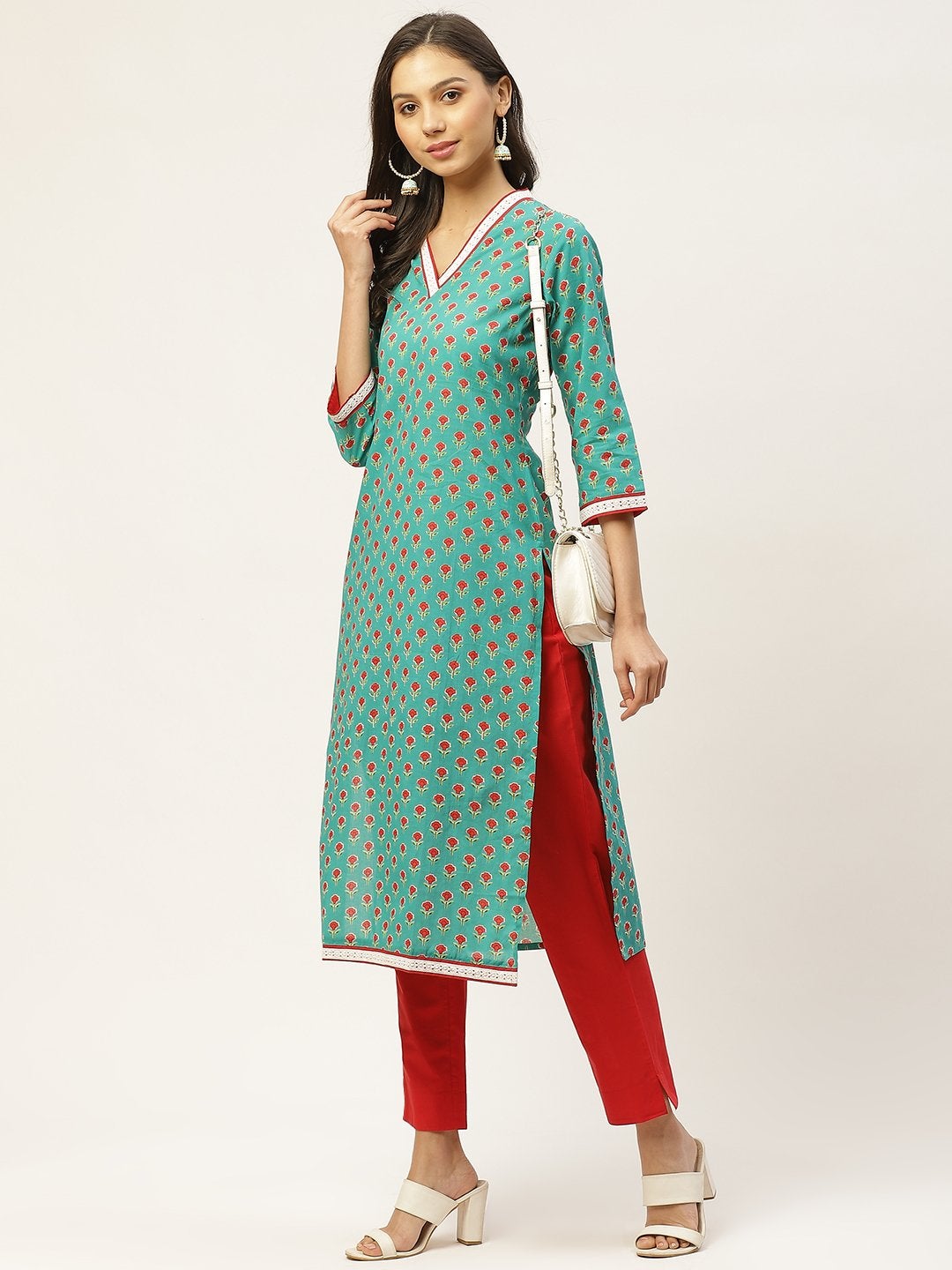 Women's Green & Red Ethnic Motifs Hand Printed Cotton Kurta with Trousers