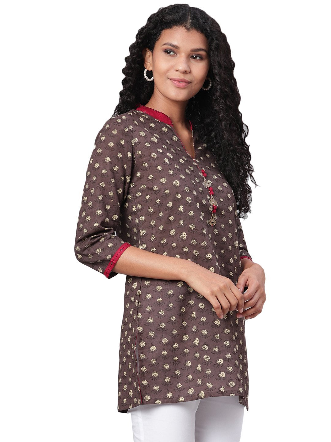 Women Brown Printed Cotton Kurta by Myshka (