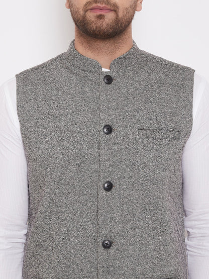 Men's Solid Grey Wool Nehru Jacket