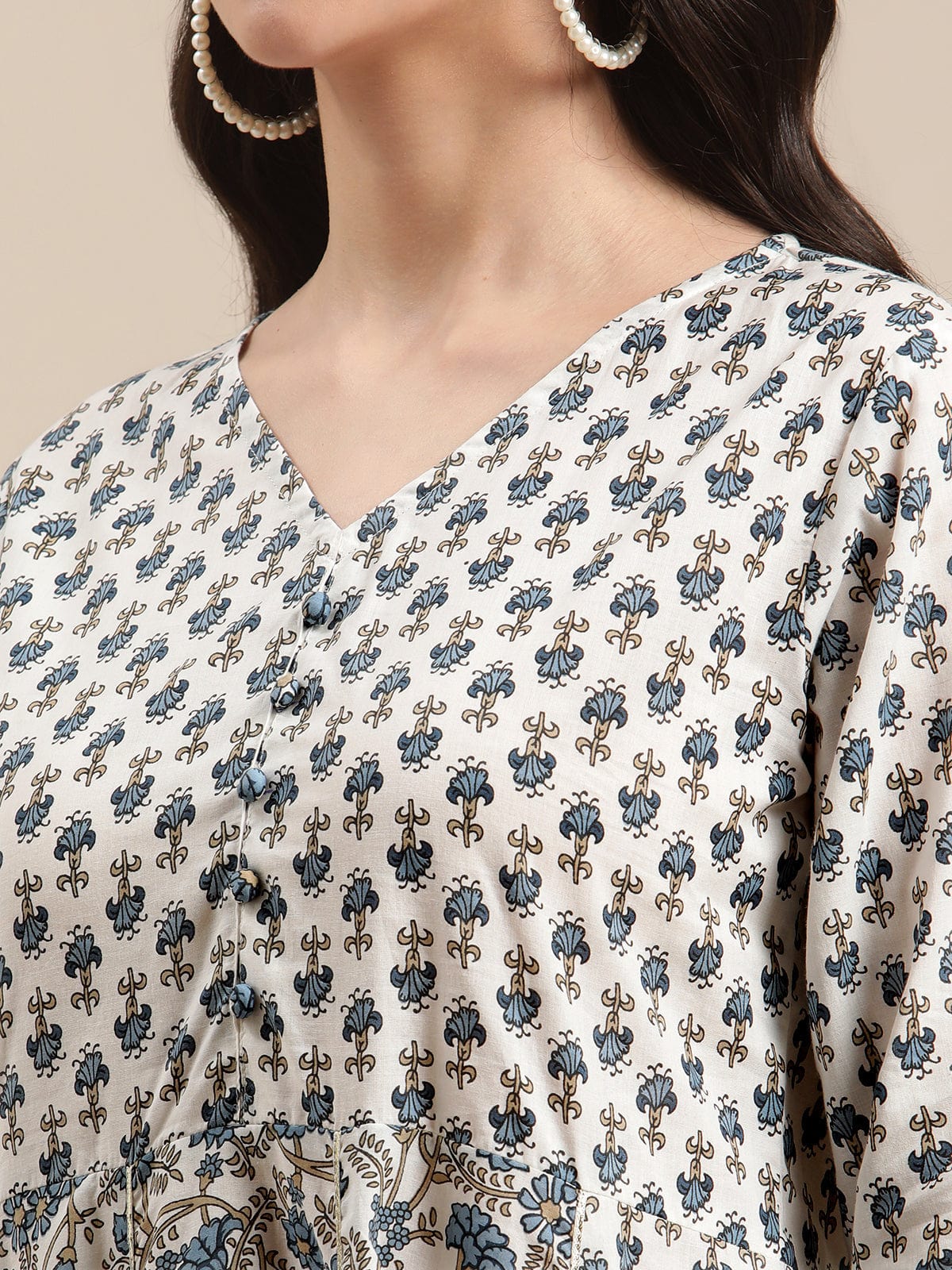 Women's White And Blue Floral Printed Anraklai Kurta Sharara Set With Stripe Dupatta