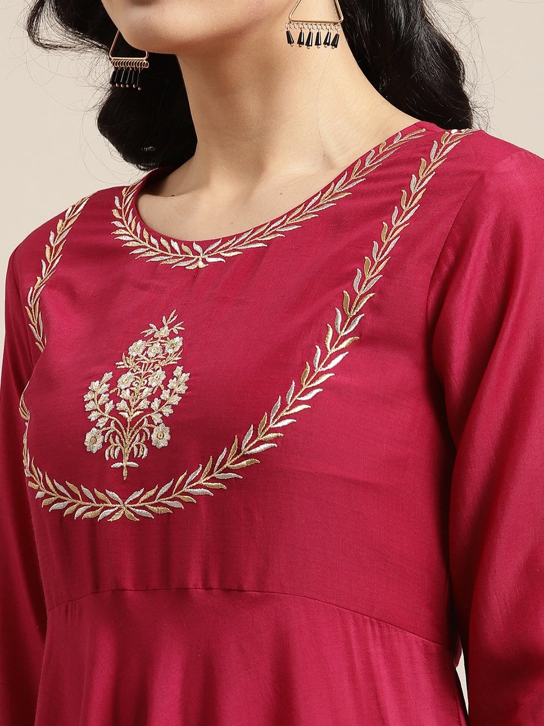 Women's Magenta And Gold Anarkali, Solid Kurta With Zari Work On Yoke And Paired With Gold Pant And Heavy Gota Embroidered Dupatta