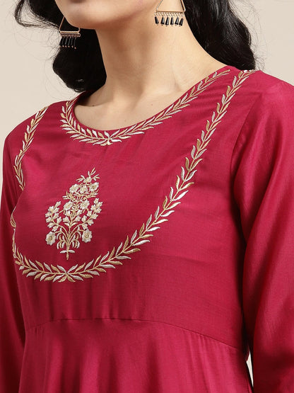 Women's Magenta And Gold Anarkali, Solid Kurta With Zari Work On Yoke And Paired With Gold Pant And Heavy Gota Embroidered Dupatta