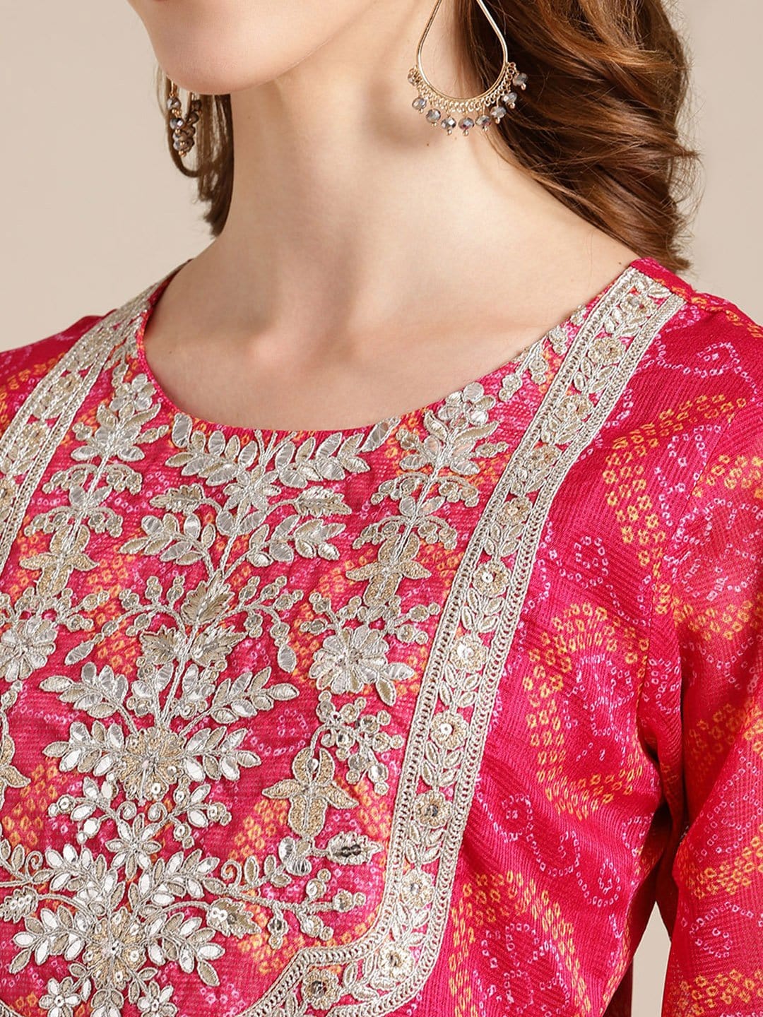 Women's KSUT Pink Bandhej Kurta With Zari Embellished Yoke Embroidery And 3/4Th Sleeves