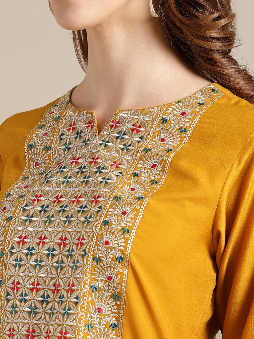 Women's Mustard Kurta With Mutli Color Woven Yoke And Banarasi Dupatta